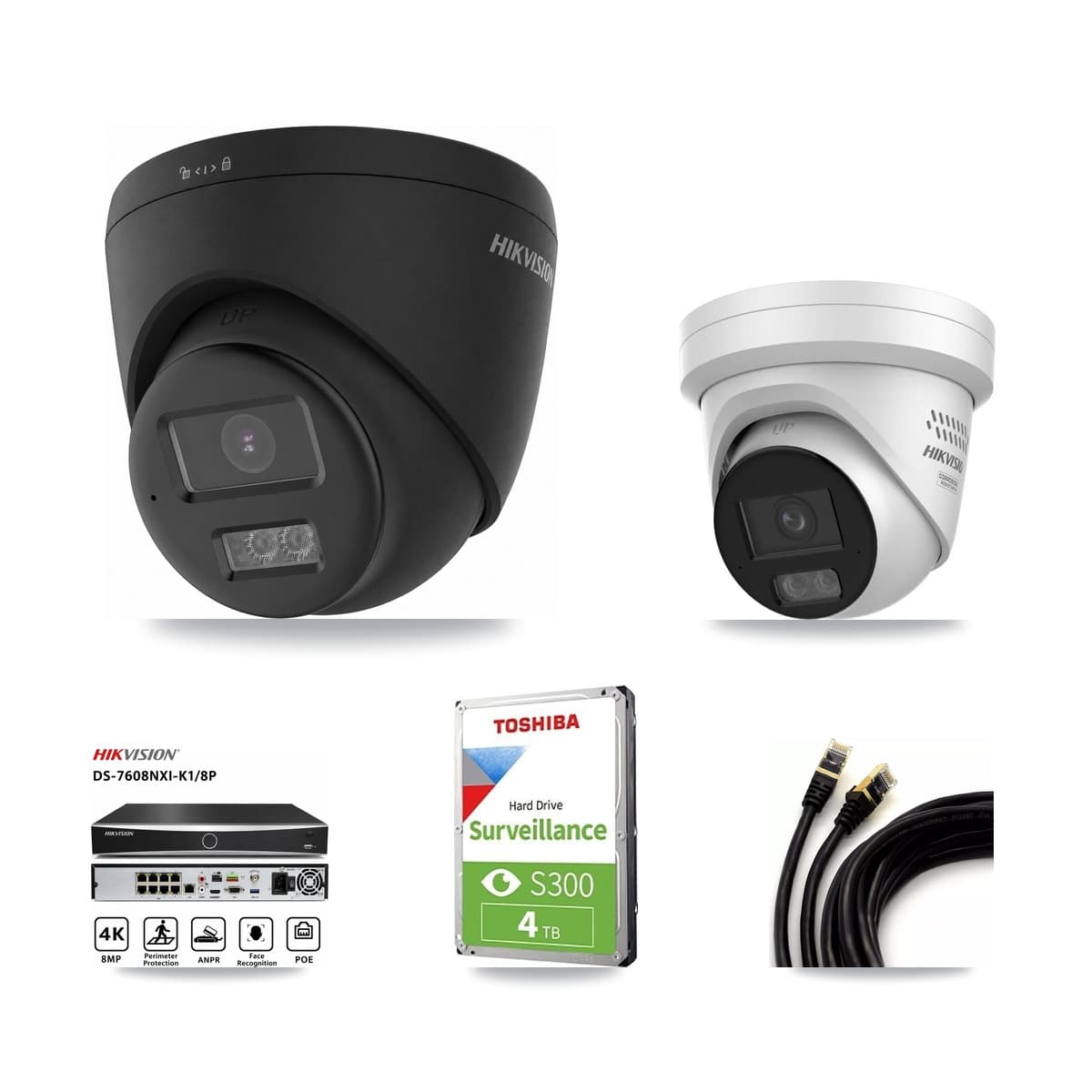 Hikvision 8-Channel 4MP – 4K CCTV Kit — 1 Black 4K + 1 4MP Turret Cameras + 4TB Recording (DS-7608NXI Recorder)