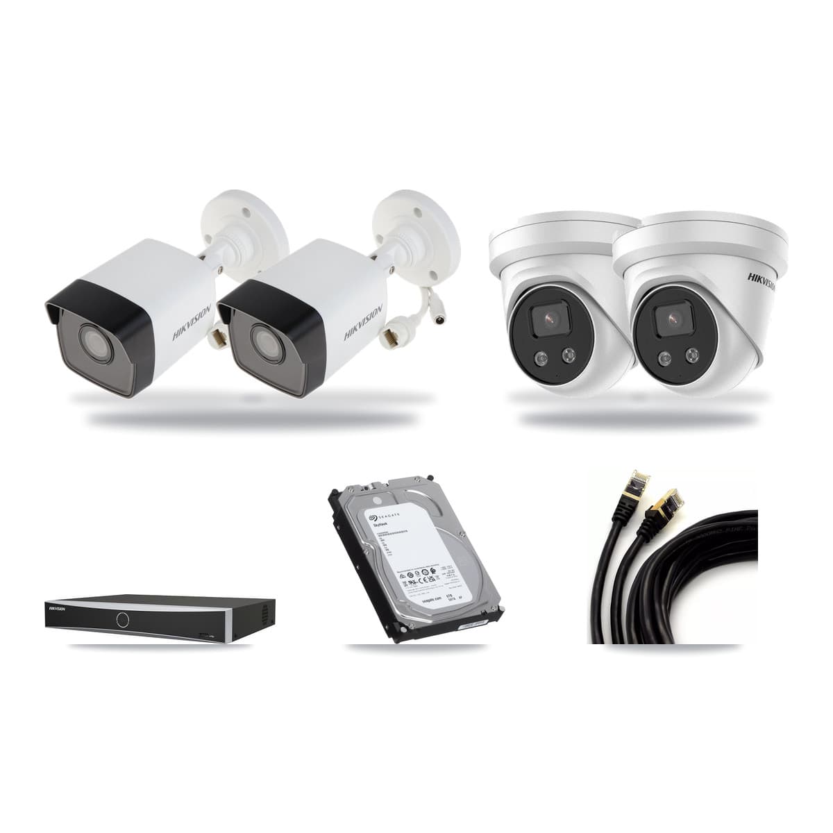 Hikvision 4-channel CCTV kit: 4 cameras (2× 5MP Bullet + 2× 5MP Turret), 6TB hard drive