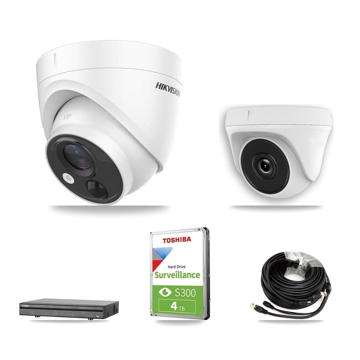 Hikvision & Dahua 8-Channel 2MP – 5MP CCTV Kit — 2 DS-2CE71H0T 5MP Turret + 2 White HDT-2MP-N20W 2MP Dome Cameras + 4TB Recording - Image 1