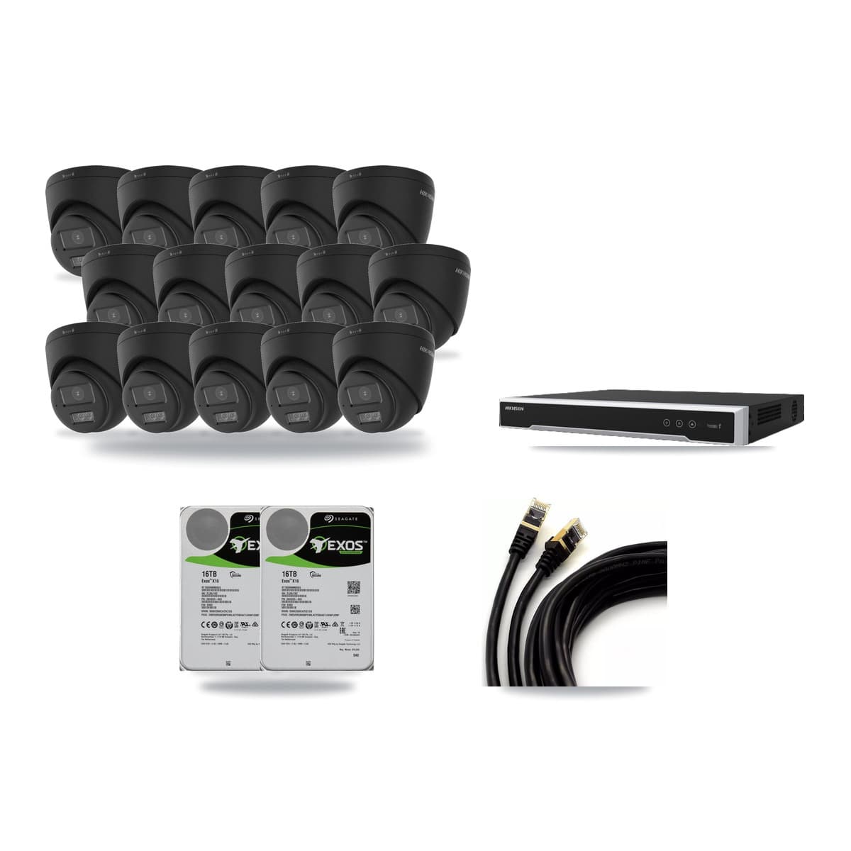 Hikvision 16-Channel 4K CCTV Kit — 15 Black Turret Cameras + 2× 16TB Recording (DS-7616NI-M2 Recorder) - Image 1