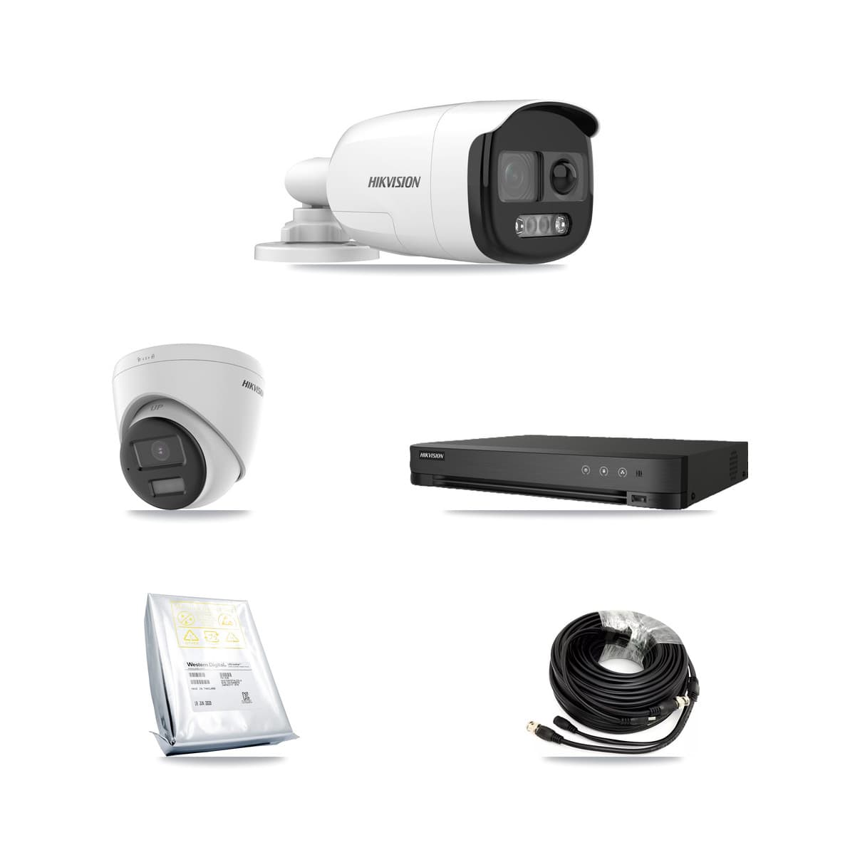 Hikvision 8-Channel 5MP – 4K CCTV Kit — 4 DS-2CE12KF3T-PIRXO 5MP Bullet + 1 DS-2CE78U0T-LPTS 4K Turret Cameras + 8TB Recording (IDS-7208HUHI-M1/E Recorder)