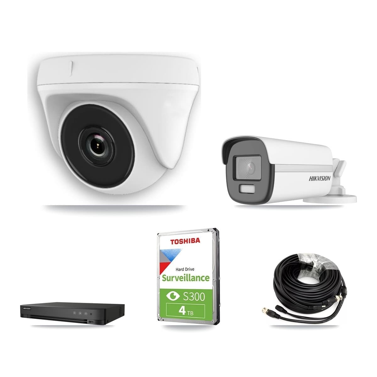 Hikvision 4-Channel 2MP – 4K CCTV Kit — 1 4K Bullet + 2 White 2MP Dome Cameras + 4TB Recording (DS-7204HUHI Recorder)