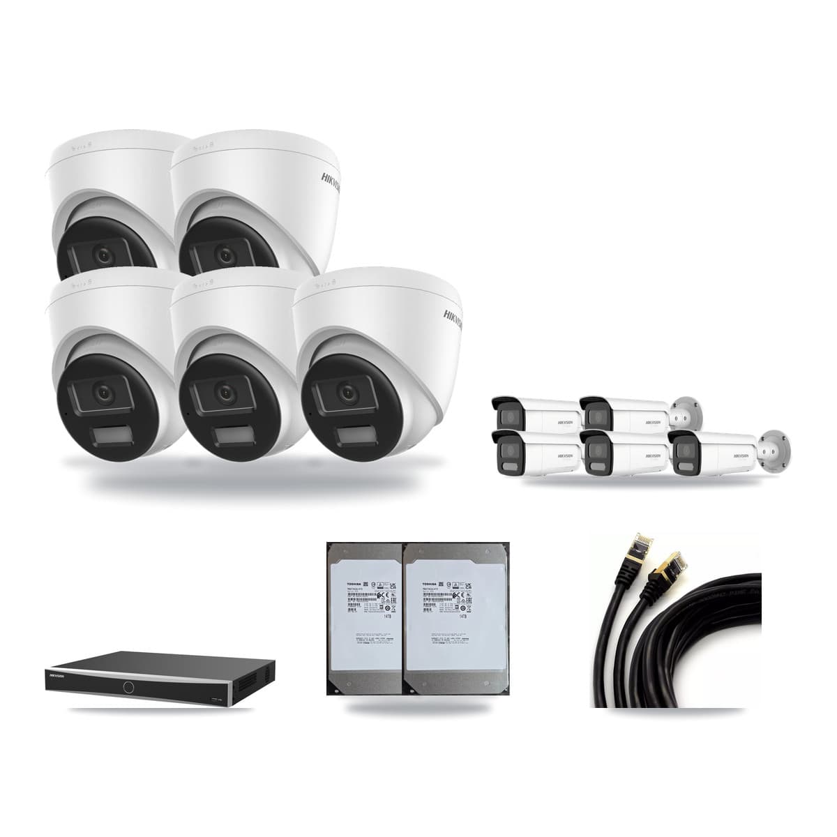 Hikvision 16-Channel 4K CCTV Kit — 5 DS-2CD1383G2-LIU Turret + 5 White DS-2CD2T87G2H-LISU/SL-2.8MM-W Bullet Cameras + 2× 14TB Recording (DS-7616NXI-K2/16P(E) Recorder) - Image 1