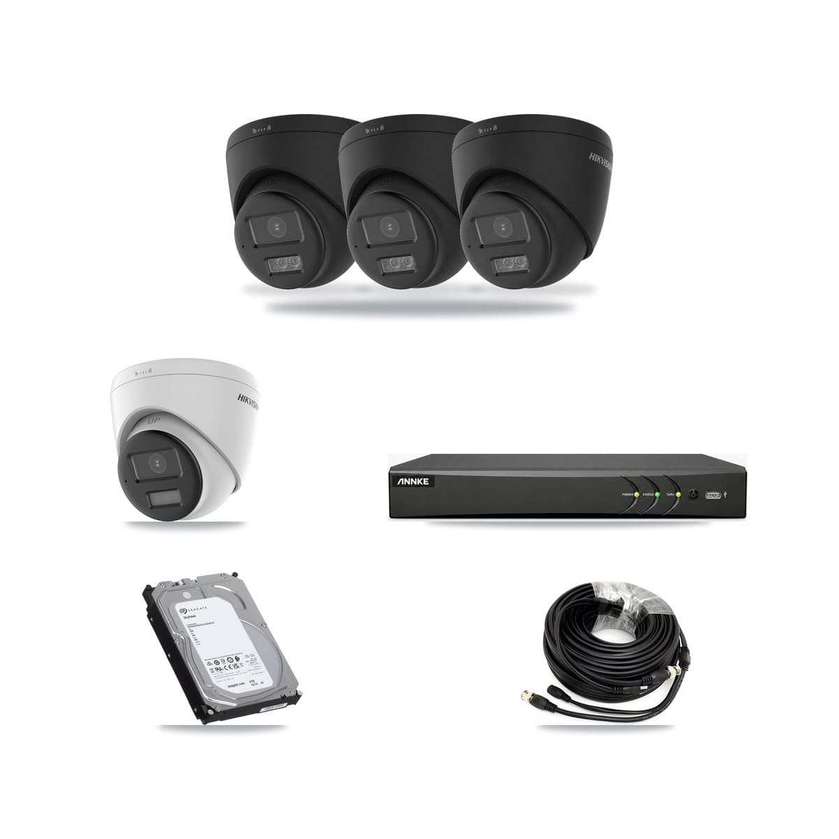 Hikvision & ANNKE 4-Channel 5MP – 4K CCTV Kit — 1 DS-2CE78K0T-LPTS 5MP + 3 Black DS-2CE78U0T-LTS-BLACK 4K Turret Cameras + 6TB Recording (AN-DV4-8MP-D941BB Recorder) - Image 1