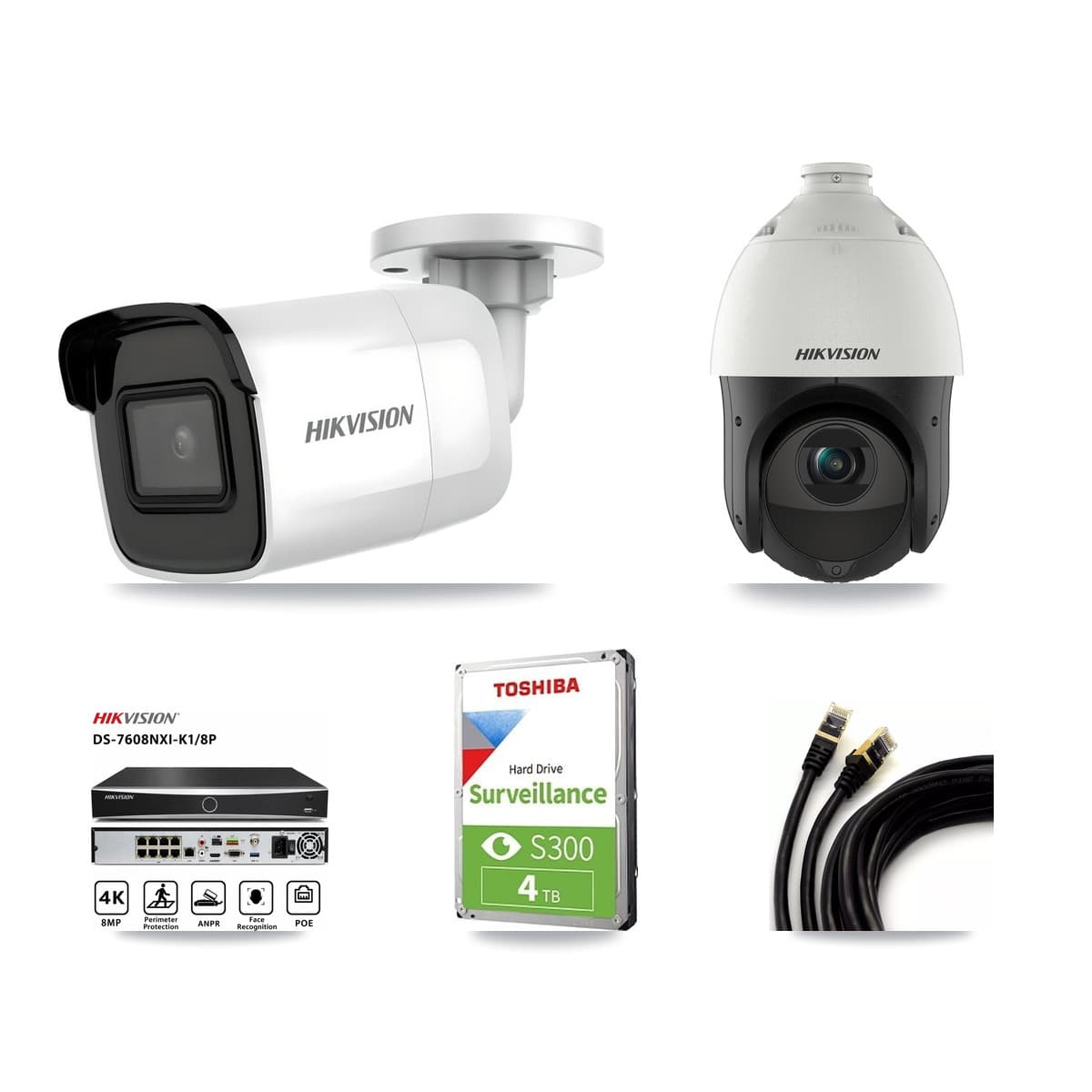 Hikvision 8-Channel 4MP – 4K CCTV Kit — 1 4K Bullet + 1 4MP PTZ Cameras + 4TB Recording (DS-7608NXI Recorder)