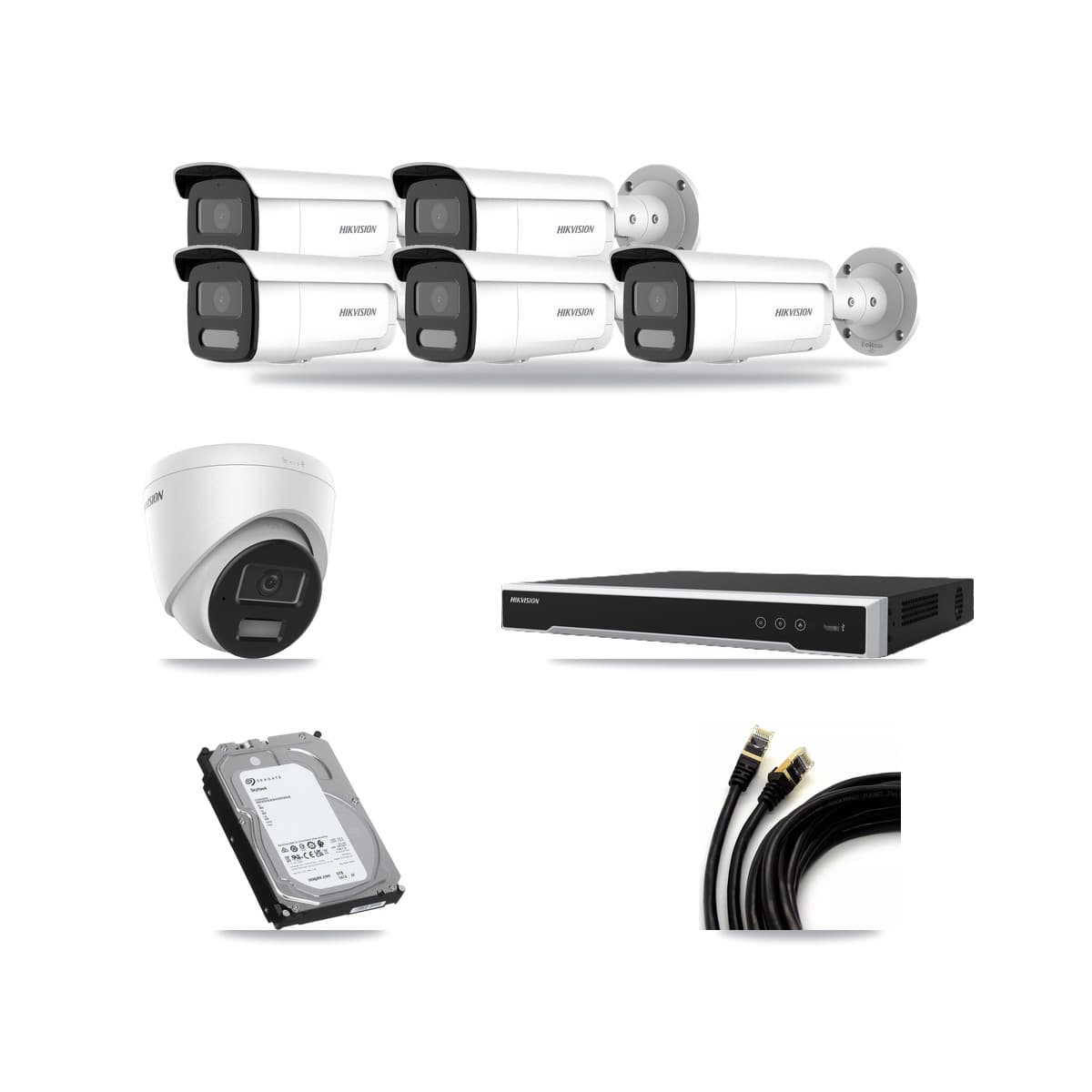 Hikvision 8-Channel 4MP CCTV Kit — 1 DS-2CD1343G2 Turret + 5 DS-2CD2T47G2H Bullet Cameras + 6TB Recording (DS-7608NI-M2 Recorder) - Image 1