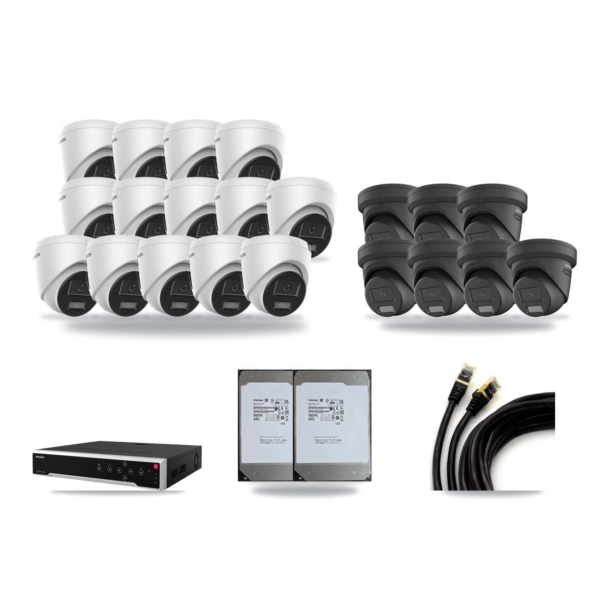 Hikvision 32-Channel 4MP CCTV Kit — 14 DS-2CD1343G2 + 7 DS-2CD2347G2 Turret Cameras + 2× 14TB Recording - Image 1