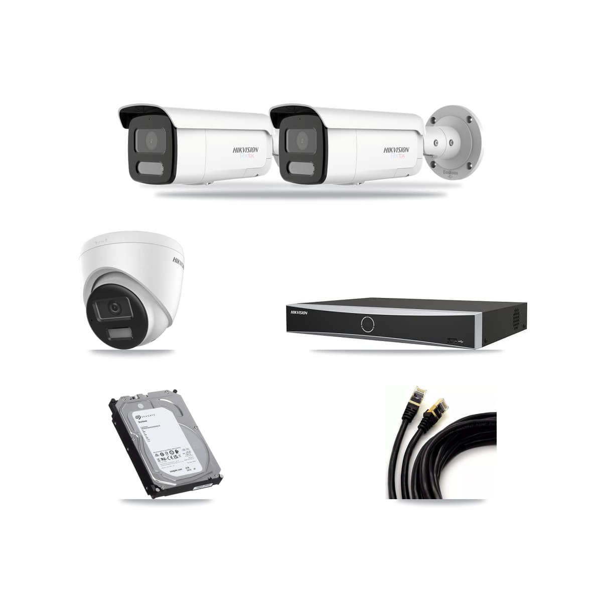 Hikvision 4-Channel 4K CCTV Kit — 1 DS-2CD1383G2-LIUF/SL Turret + 2 White DS-2CD2T87G2H-LISU/SL-2.8MM-W Bullet Cameras + 6TB Recording (DS-7604NXI-K1/4P Recorder) - Image 1