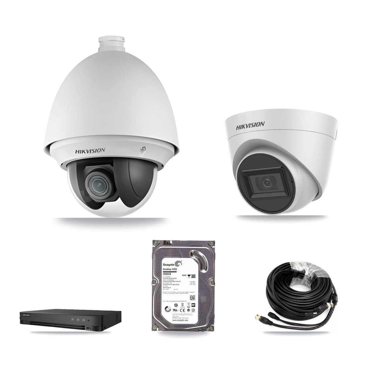 Hikvision 8-Channel 2MP – 5MP CCTV Kit — 1 2MP PTZ + 1 White 5MP Turret Cameras + 2TB Recording (IDS-7208HQHI Recorder)