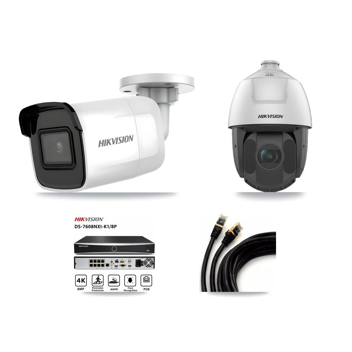 Hikvision 8-Channel 2MP – 4K CCTV Kit — 1 4K Bullet + 1 2MP PTZ Cameras + 3TB Recording (DS-7608NXI Recorder)