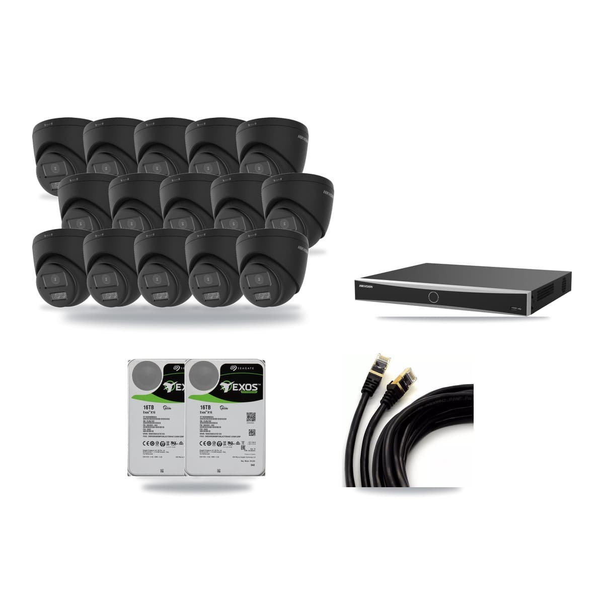Hikvision 16-Channel 4K CCTV Kit — 15 Black Turret Cameras + 2× 16TB Recording (DS-7616NXI Recorder) - Image 1