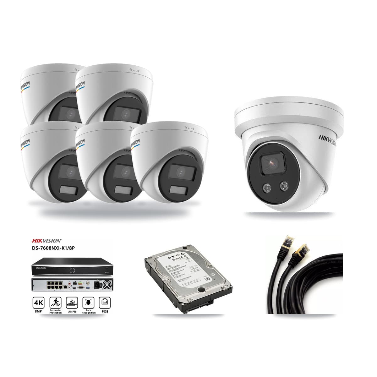 Hikvision 8-Channel 2MP – 5MP CCTV Kit — 5 2MP + 1 5MP Turret Cameras + 5TB Recording (DS-7608NXI Recorder) - Image 1