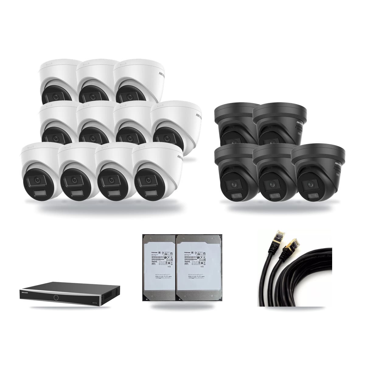 Hikvision 16-Channel 4K CCTV Kit — 11 DS-2CD1383G2 + 5 Black DS-2CD2387G3 Turret Cameras + 2× 14TB Recording (DS-7616NXI Recorder) - Image 1