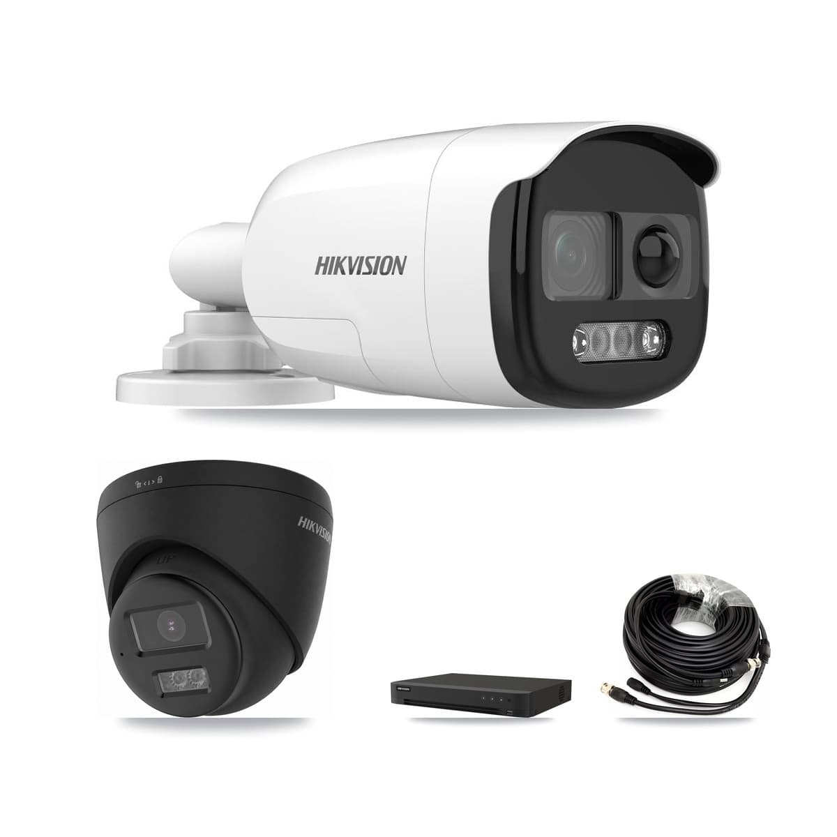 Hikvision 8-Channel 5MP – 4K CCTV Kit — 2 DS-2CE12KF3T-PIRXO 5MP Bullet + 2 Black DS-2CE78U0T-LTS-BLACK 4K Turret Cameras + 8TB Recording (IDS-7208HUHI-M1/XT Recorder)