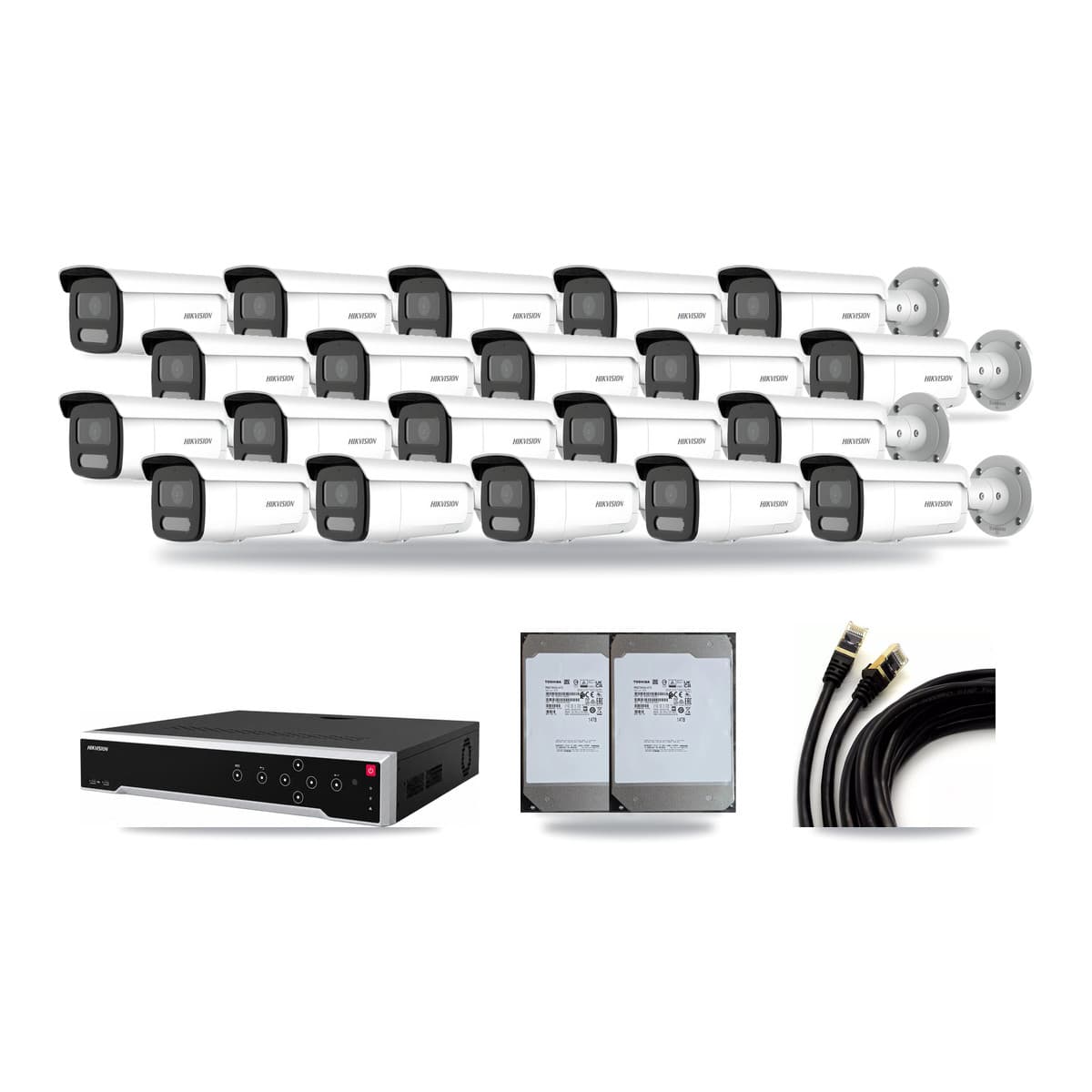 Hikvision 32-Channel 4MP – 4K CCTV Kit — 19 4MP + 1 4K Bullet Cameras + 2× 14TB Recording - Image 1