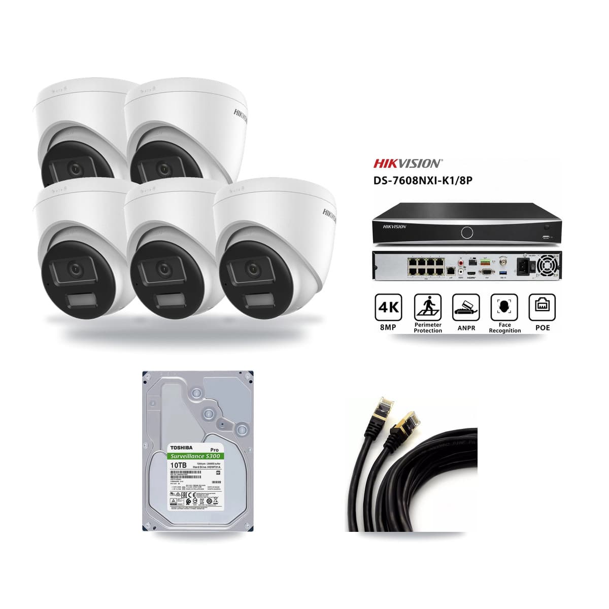 Hikvision 8-Channel 4K CCTV Kit — 5 DS-2CD1383G2-LIUF/SL Turret Cameras + 10TB Recording (DS-7608NXI-K1/8P Recorder) - Image 1