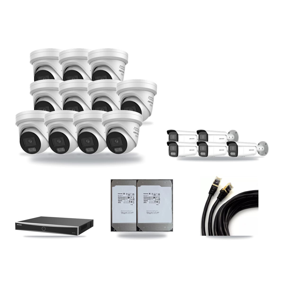 Hikvision 16-Channel 4MP CCTV Kit — 11 DS-2CD2347G3 Turret + 5 DS-2CD2T47G2H Bullet Cameras + 2× 14TB Recording - Image 1