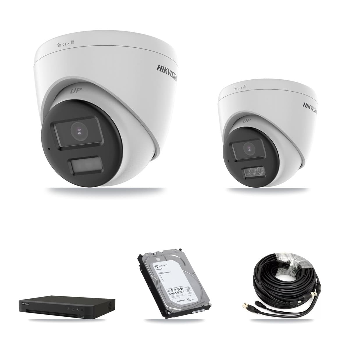 Hikvision 8-Channel 5MP CCTV Kit — 2 DS-2CE78K0T-LPTS + 2 DS-2CE78K0T-LTS Turret Cameras + 6TB Recording (IDS-7208HUHI-M1/XT Recorder) - Image 1