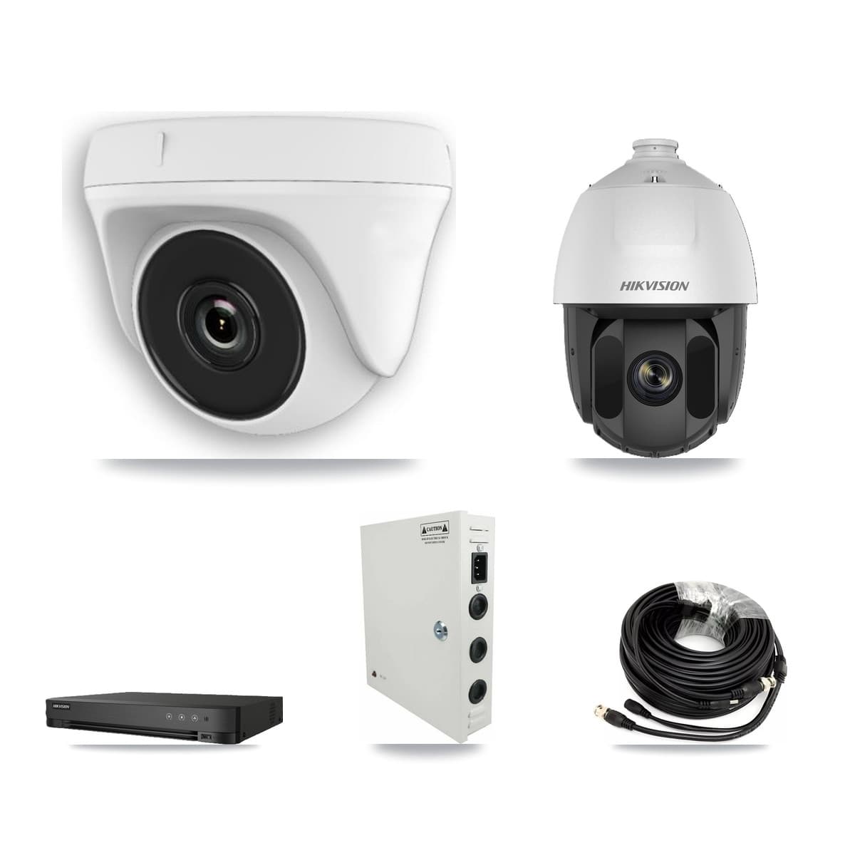 Hikvision 8-Channel 2MP CCTV Kit — 1 DS-2AE5225TI-A-E PTZ + 3 White HDT-2MP-N20W-2.8MM Dome Cameras + 3TB Recording (IDS-7208HUHI-M1/E Recorder)