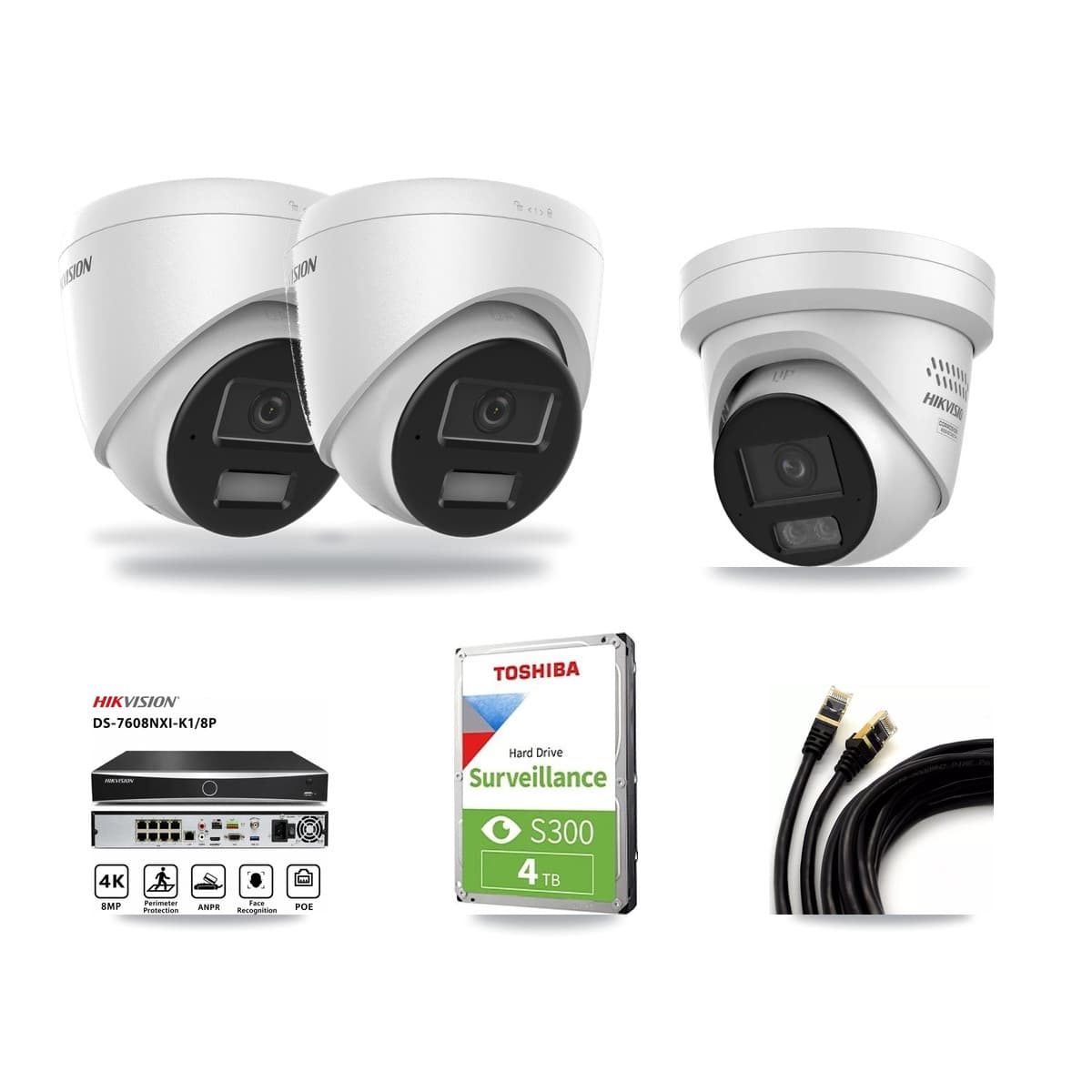 Hikvision 8-Channel 4MP CCTV Kit — 2 DS-2CD1343G2 + 1 DS-2CD2347G3 Turret Cameras + 4TB Recording - Image 1
