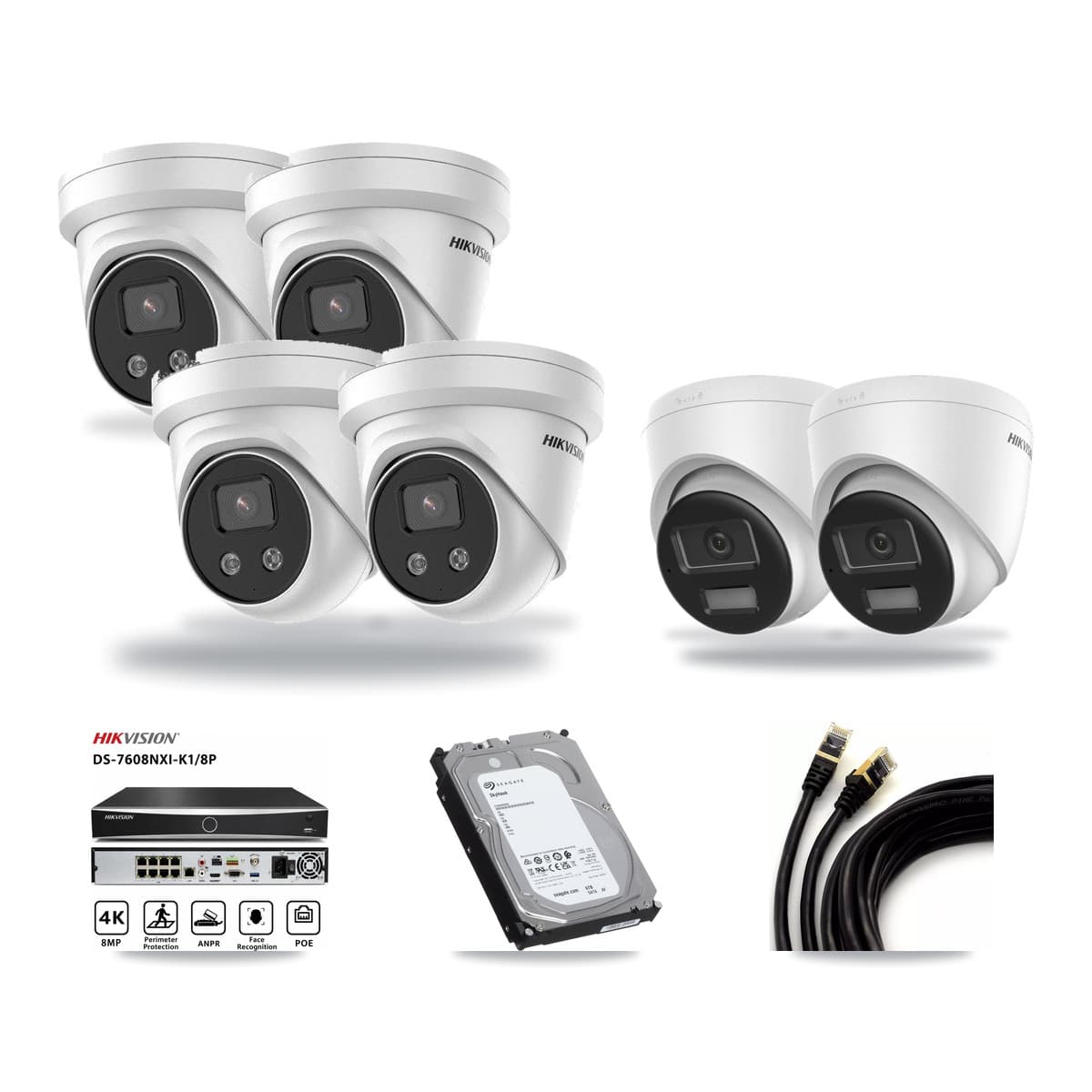 Hikvision 8-Channel 5MP – 4K CCTV Kit — 2 DS-2CD1383G2-LIUF/SL 4K + 4 DS-2CD3356G2-ISU 5MP Turret Cameras + 6TB Recording (DS-7608NXI-K1/8P Recorder) - Image 1