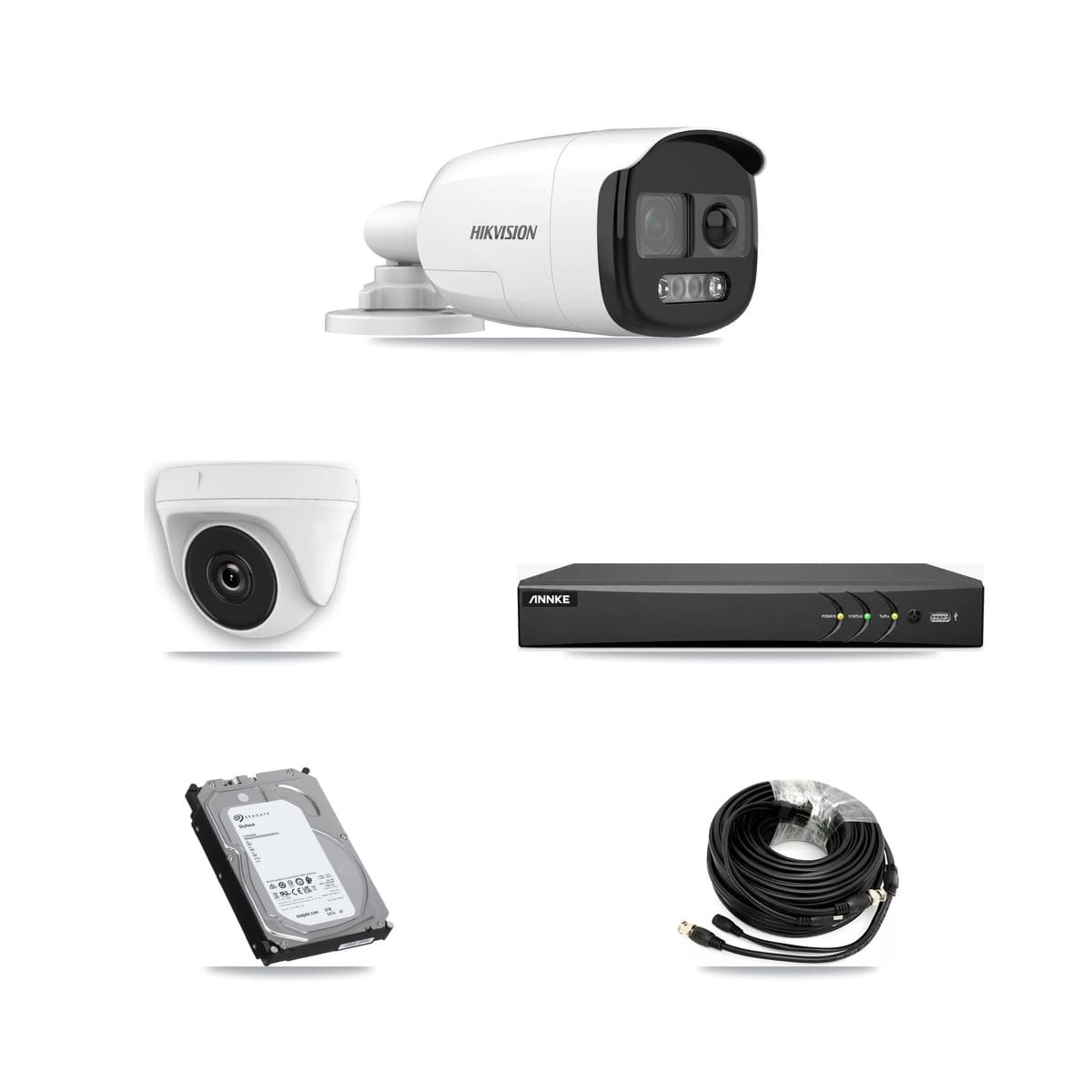 Hikvision & ANNKE 4-Channel 2MP – 5MP CCTV Kit — 3 DS-2CE12KF3T 5MP Bullet + 1 White HDT-2MP-N20W 2MP Dome Cameras + 6TB Recording