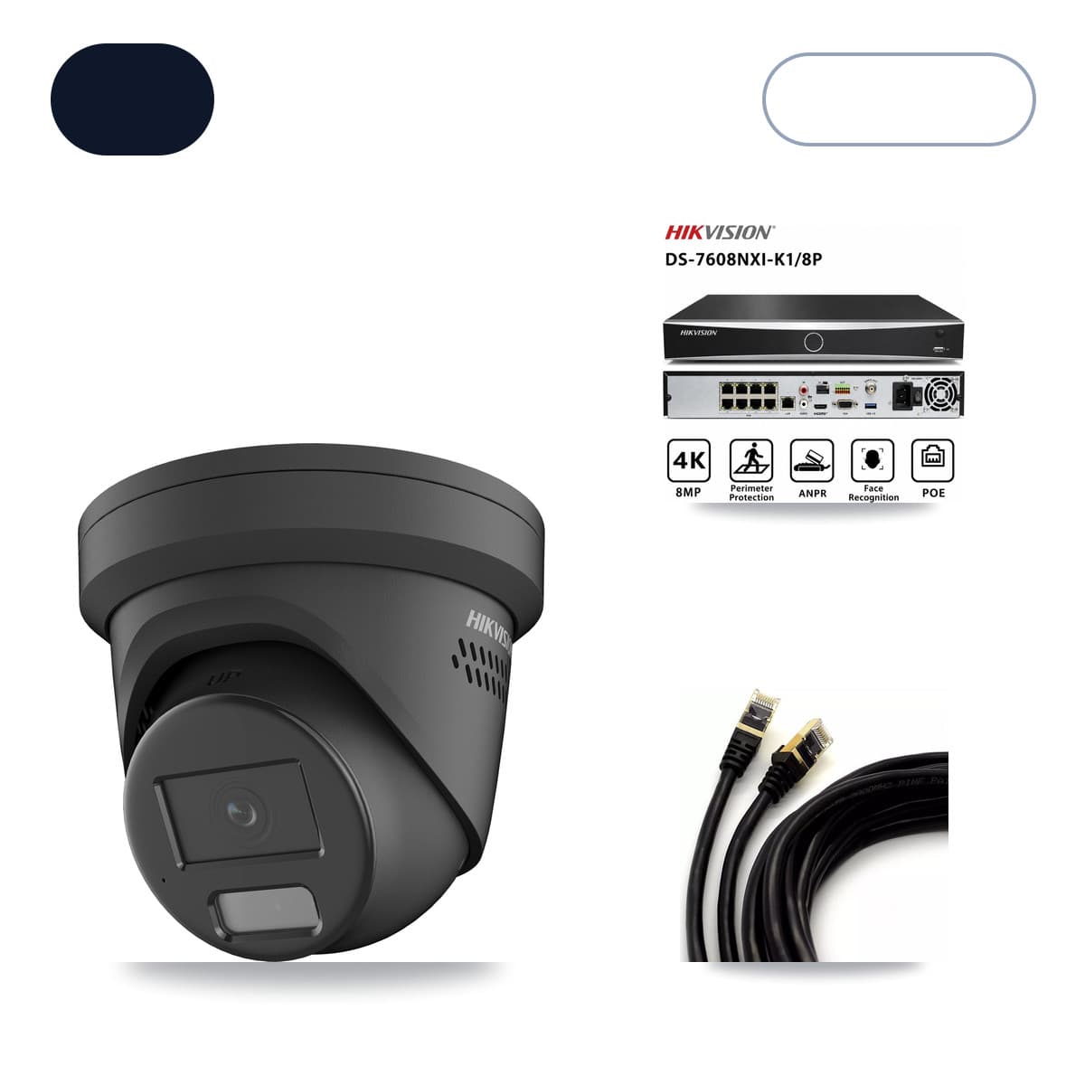 Hikvision 8-Channel 4MP CCTV Kit — 2 Black Turret Cameras + 3TB Recording (DS-7608NXI Recorder)