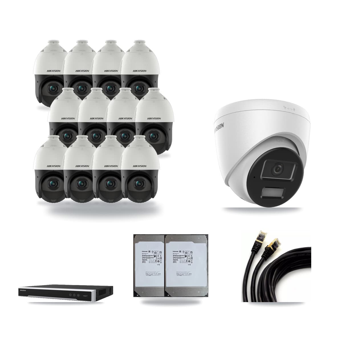 Hikvision 16-Channel 4MP CCTV Kit — 1 Turret + 12 PTZ Cameras + 2× 14TB Recording (DS-7616NI-M2 Recorder) - Image 1