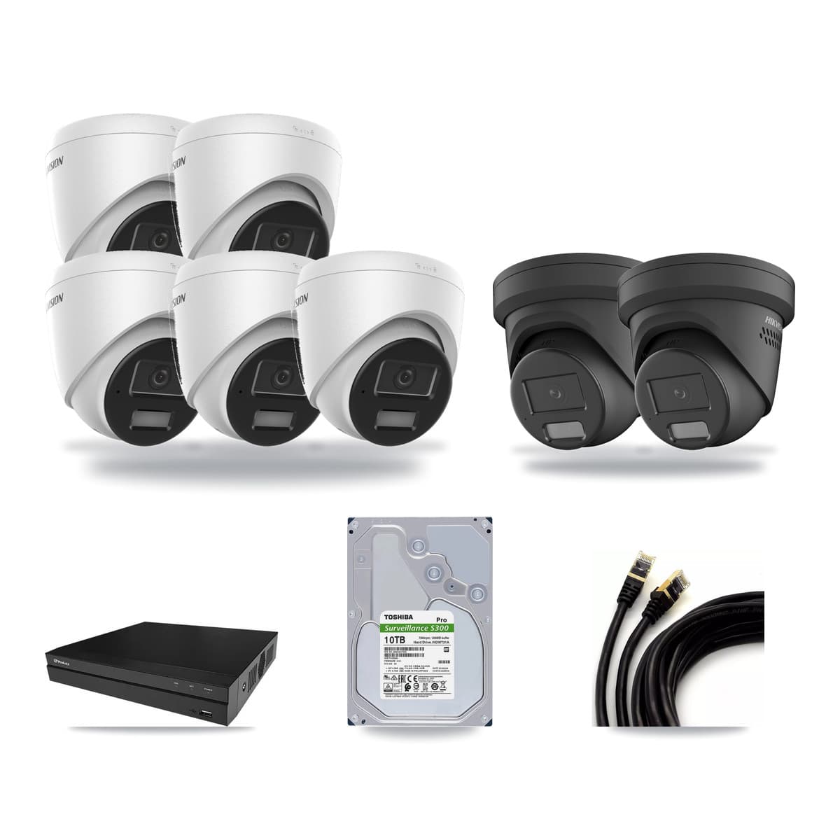 Hikvision & Prolux 8-Channel 4MP CCTV Kit — 5 DS-2CD1343G2 + 2 DS-2CD2347G2 Turret Cameras + 10TB Recording - Image 1