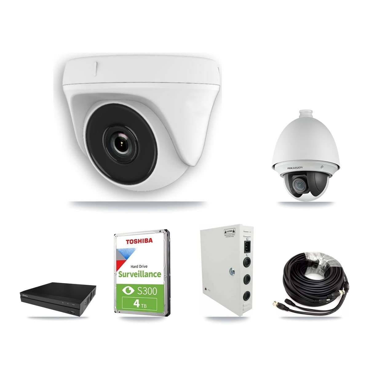 Hikvision & Prolux 8-Channel 2MP CCTV Kit — 1 DS-2AE4225T PTZ + 5 White HDT-2MP-N20W Dome Cameras + 4TB Recording