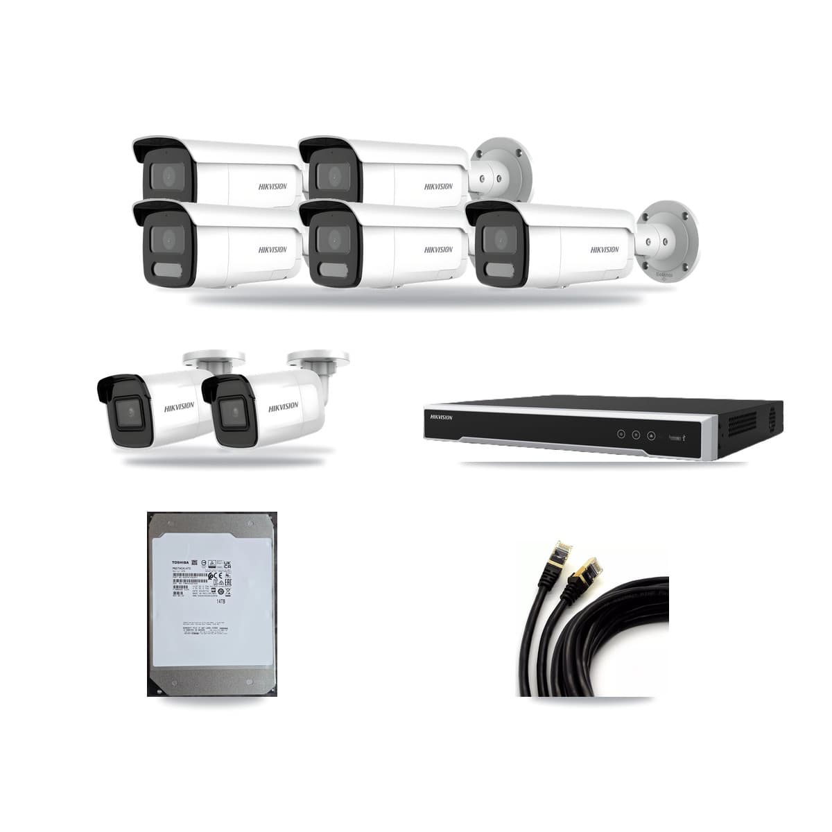 Hikvision 8-channel CCTV kit: 7 cameras (5× 4MP Bullet + 2× 4K Bullet), 14TB hard drive