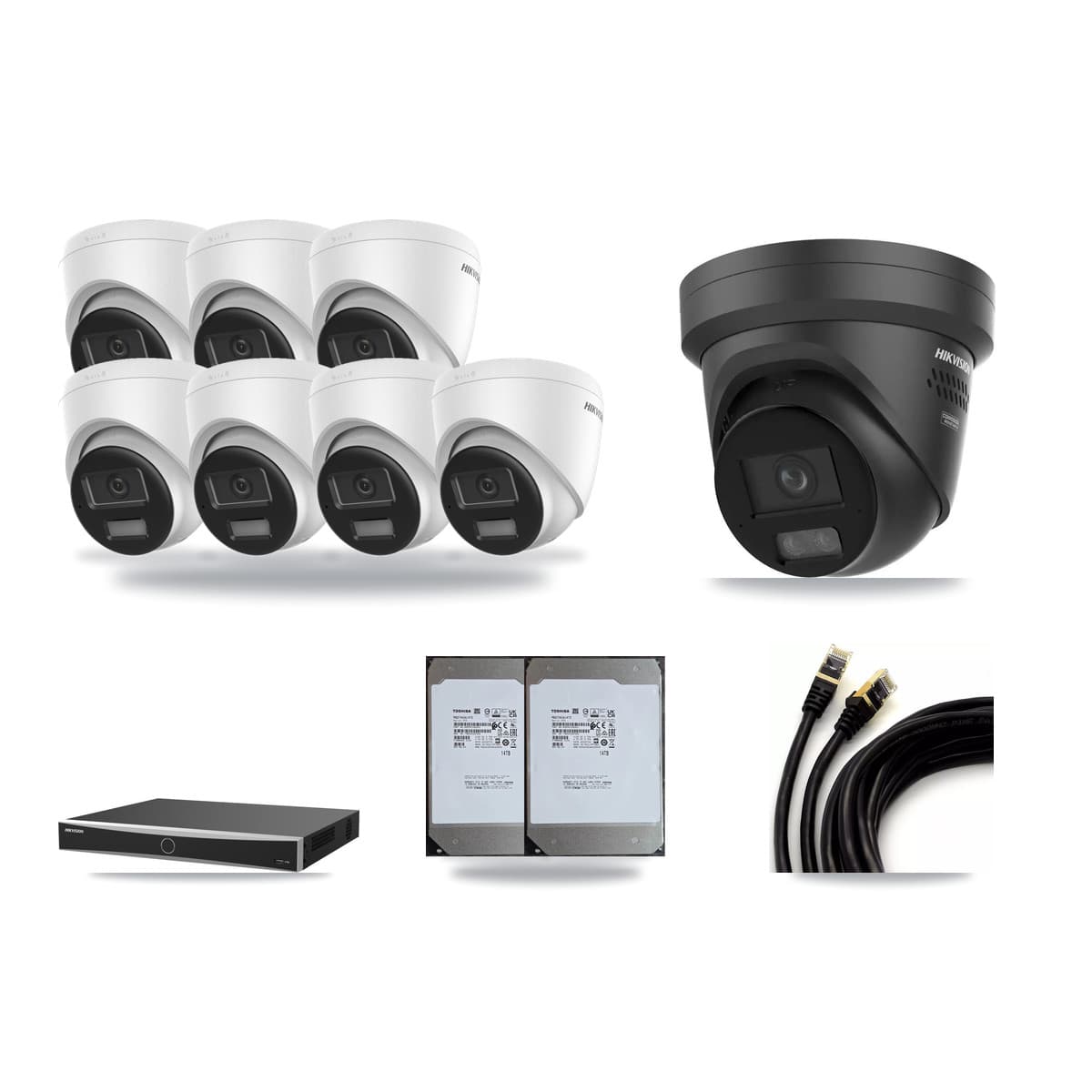 Hikvision 16-Channel 4K CCTV Kit — 7 DS-2CD1383G2 + 1 Black DS-2CD2387G3 Turret Cameras + 2× 14TB Recording (DS-7616NXI Recorder) - Image 1