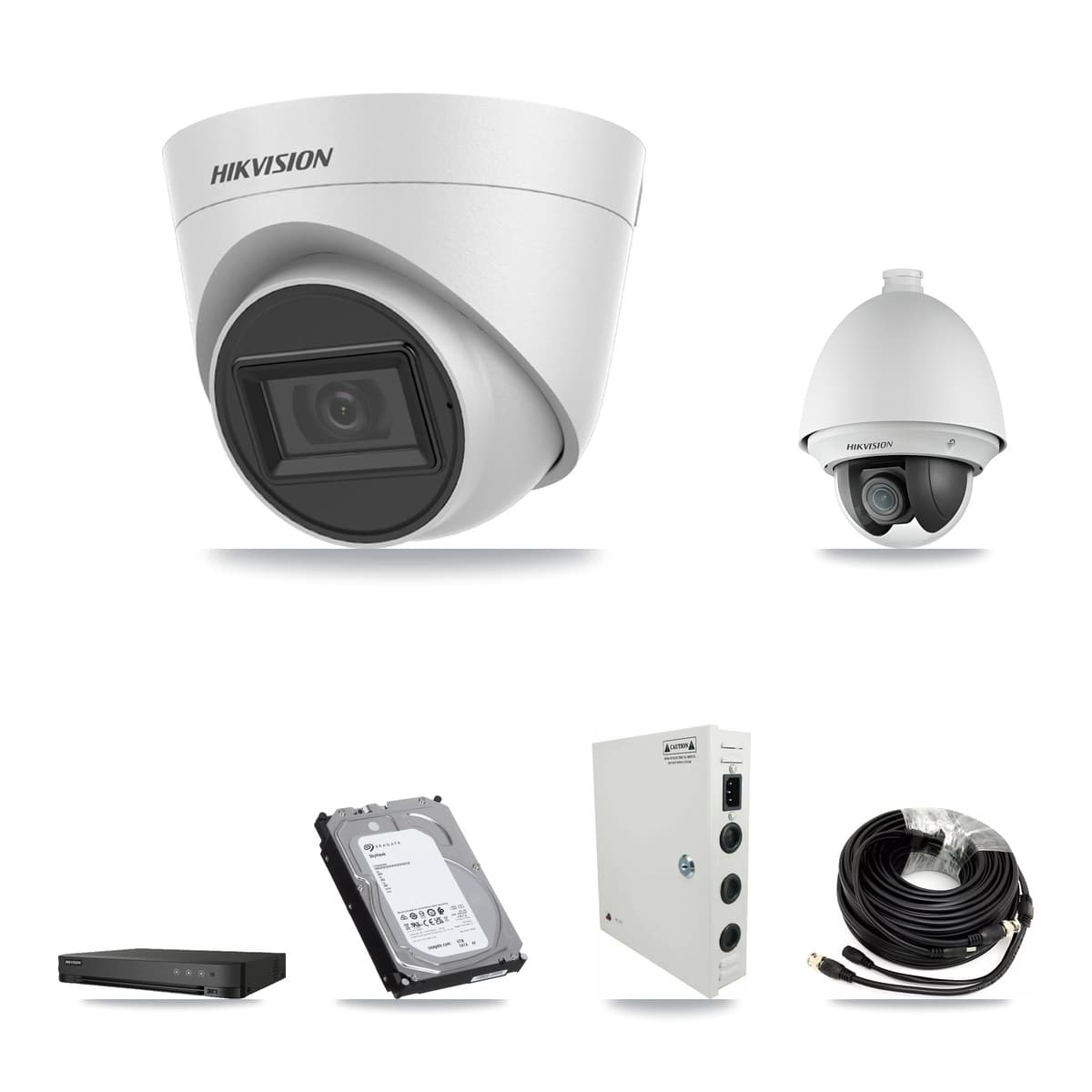 Hikvision 8-Channel 2MP – 5MP CCTV Kit — 1 2MP PTZ + 4 White 5MP Turret Cameras + 6TB Recording (IDS-7208HQHI Recorder) - Image 1