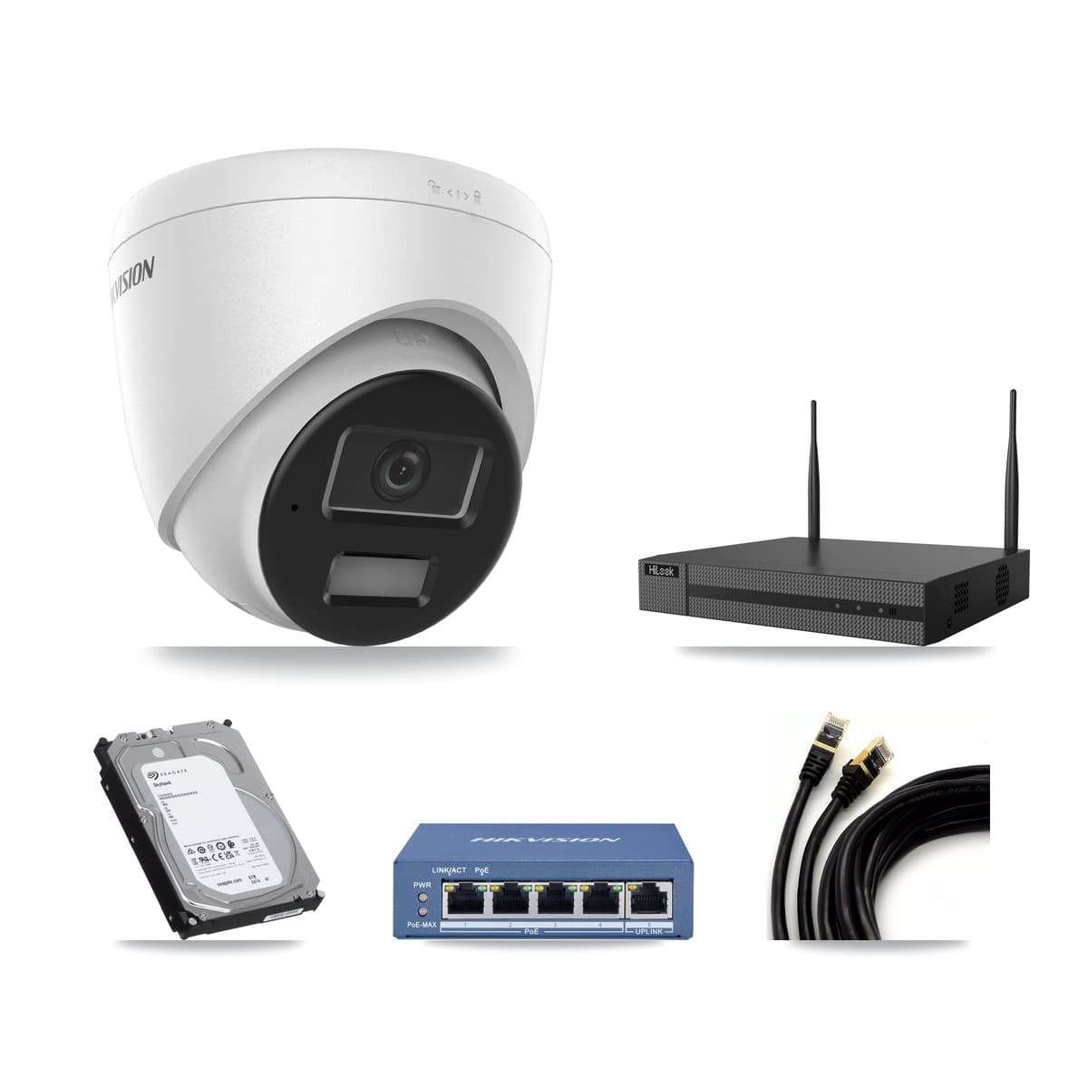 Hikvision & HiLook 4-Channel 4MP CCTV Kit — 4 DS-2CD1343G2 Turret Cameras + 6TB Recording