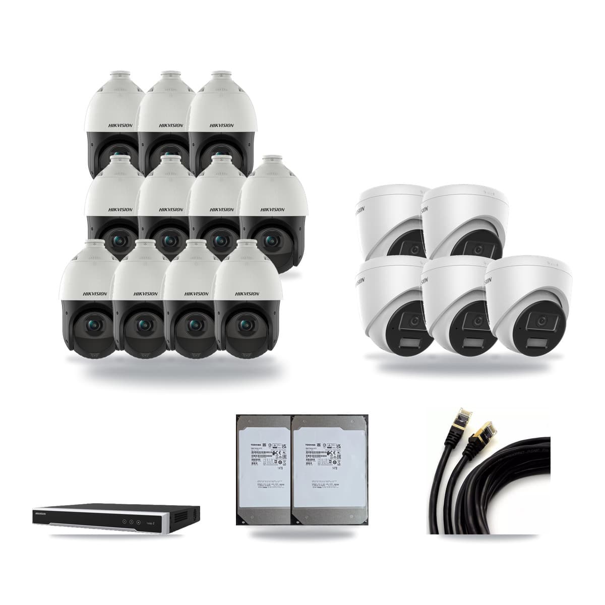 Hikvision 16-Channel 4MP CCTV Kit — 5 Turret + 11 PTZ Cameras + 2× 14TB Recording (DS-7616NI-M2 Recorder) - Image 1
