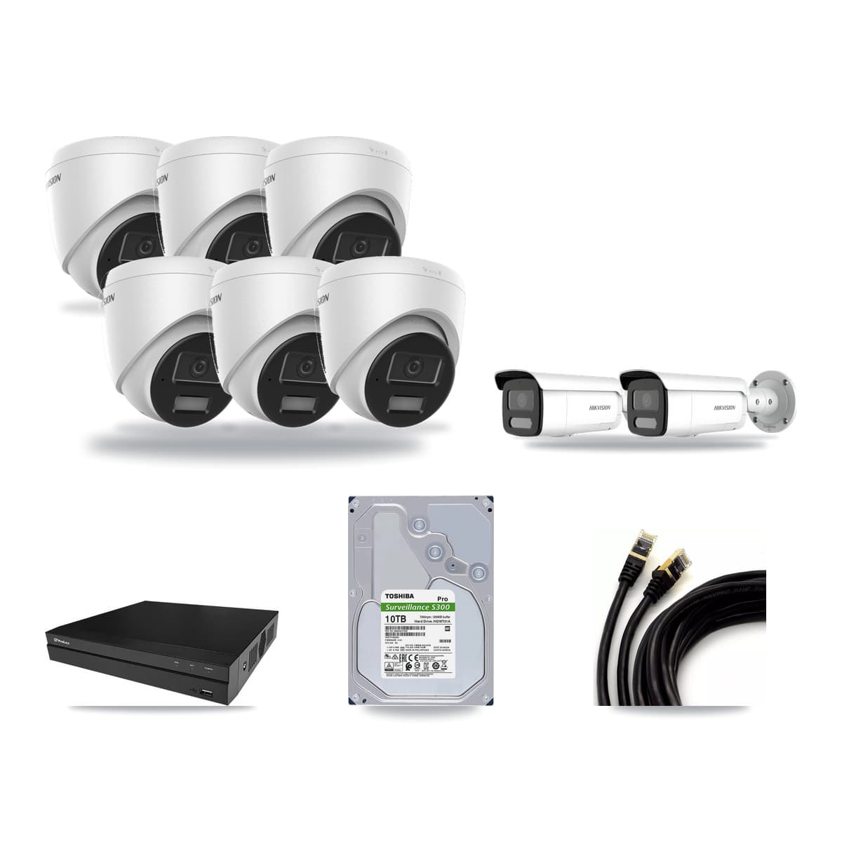 Hikvision & Prolux 8-Channel 4MP CCTV Kit — 6 DS-2CD1343G2 Turret + 2 DS-2CD2T47G2H Bullet Cameras + 10TB Recording - Image 1
