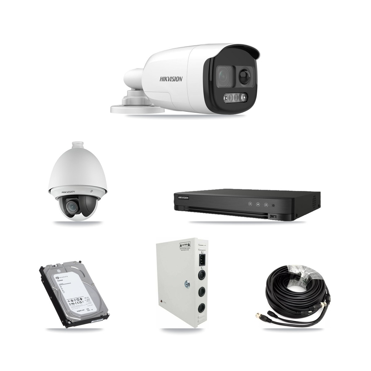 Hikvision 8-Channel 2MP – 5MP CCTV Kit — 1 DS-2AE4225T-A 2MP PTZ + 7 DS-2CE12KF3T-PIRXO 5MP Bullet Cameras + 6TB Recording (IDS-7208HUHI-M1/E Recorder) - Image 1