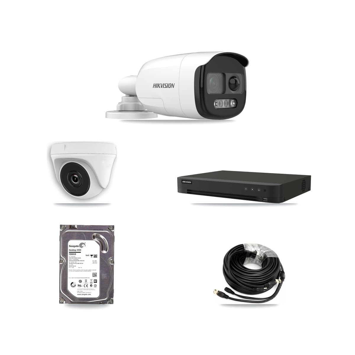 Hikvision 16-Channel 2MP – 5MP CCTV Kit — 1 DS-2CE12KF3T 5MP Bullet + 1 White HDT-2MP-N20W 2MP Dome Cameras + 2TB Recording (IDS-7216HQHI Recorder)