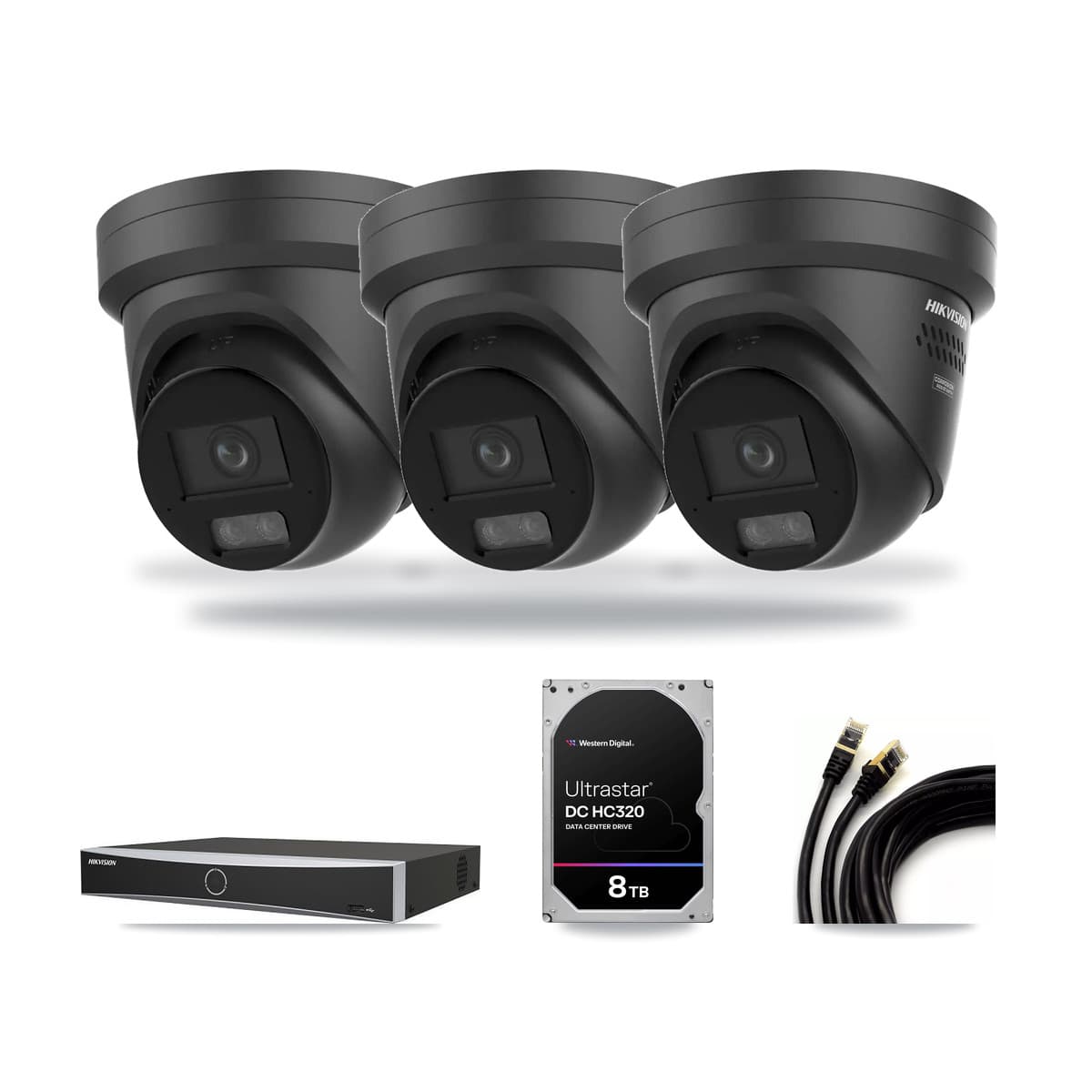 Hikvision 4-Channel 4K CCTV Kit — 3 Black DS-2CD2387G3 Turret Cameras + 8TB Recording - Image 1