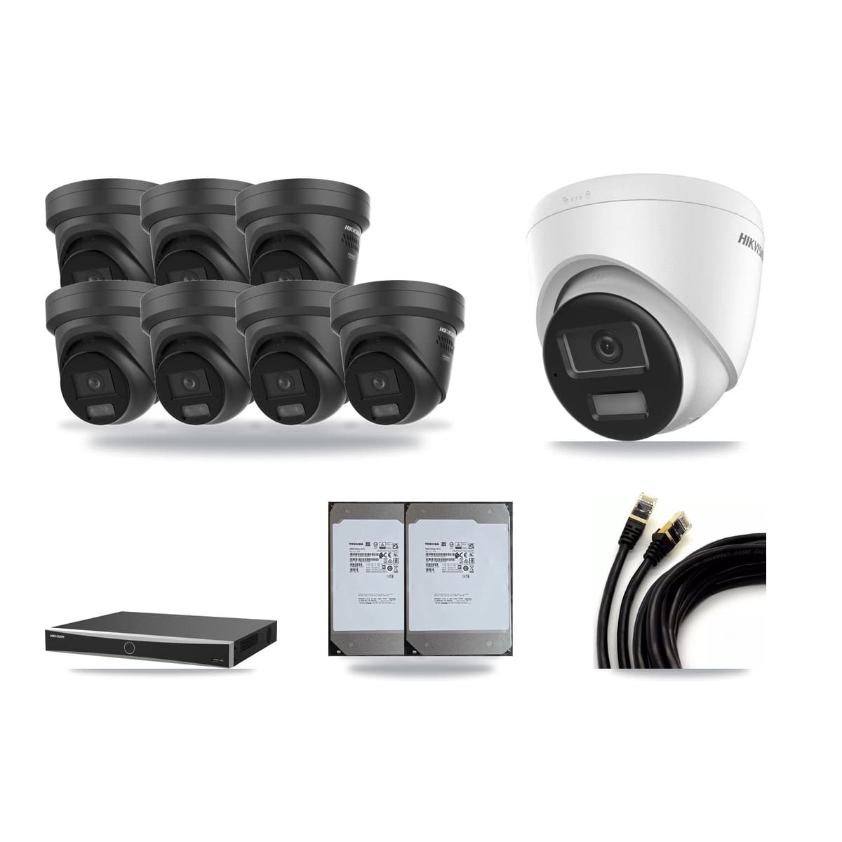 Hikvision 16-Channel 4K CCTV Kit — 1 DS-2CD1383G2 + 7 Black DS-2CD2387G3 Turret Cameras + 2× 14TB Recording (DS-7616NXI Recorder) - Image 1