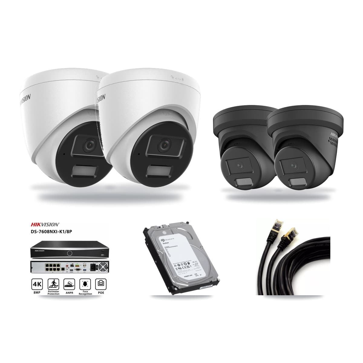 Hikvision 8-Channel 4MP CCTV Kit — 2 DS-2CD1343G2 + 2 Black DS-2CD2347G2 Turret Cameras + 6TB Recording (DS-7608NXI Recorder) - Image 1
