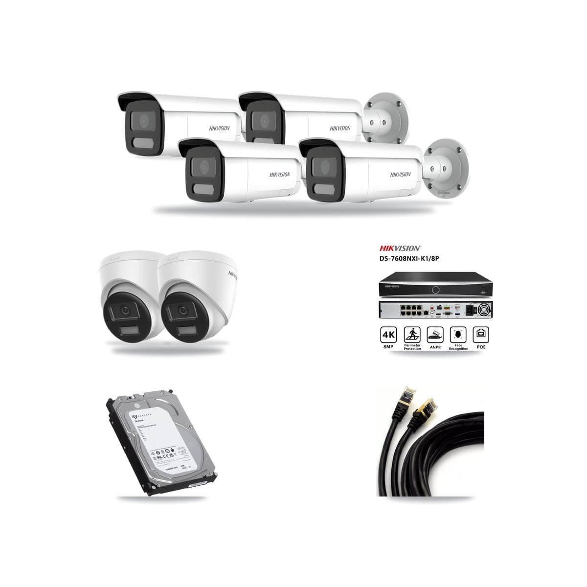 Hikvision 8-Channel 4MP – 4K CCTV Kit — 2 DS-2CD1383G2-LIU 4K Turret + 4 DS-2CD2T47G2H-LISU/SL 4MP Bullet Cameras + 6TB Recording (DS-7608NXI-K1/8P Recorder) - Image 1