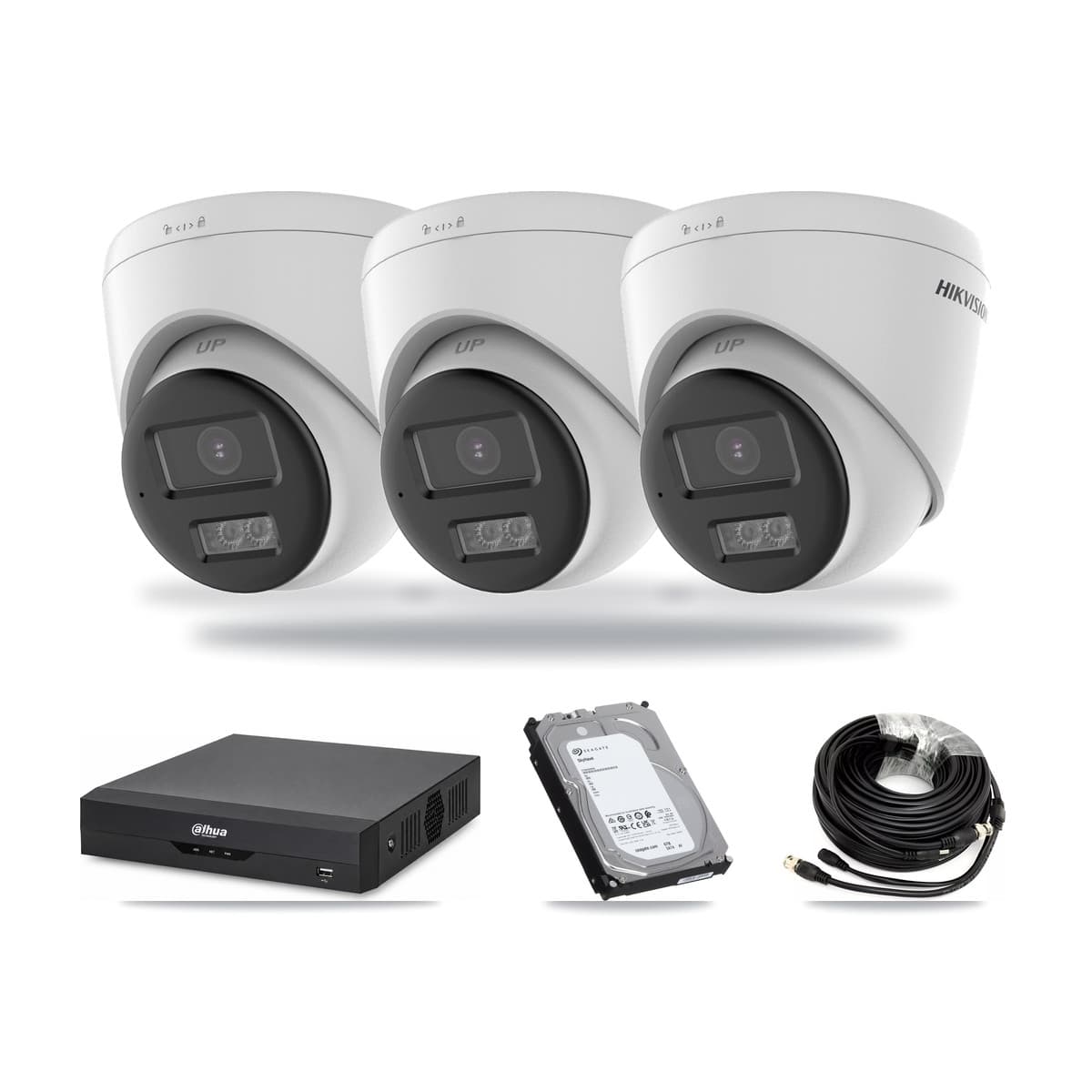 Hikvision & Dahua 4-Channel 5MP CCTV Kit — 3 DS-2CE78K0T-LTS Turret Cameras + 6TB Recording (DH-XVR5104HS-4KL-I2 Recorder) - Image 1