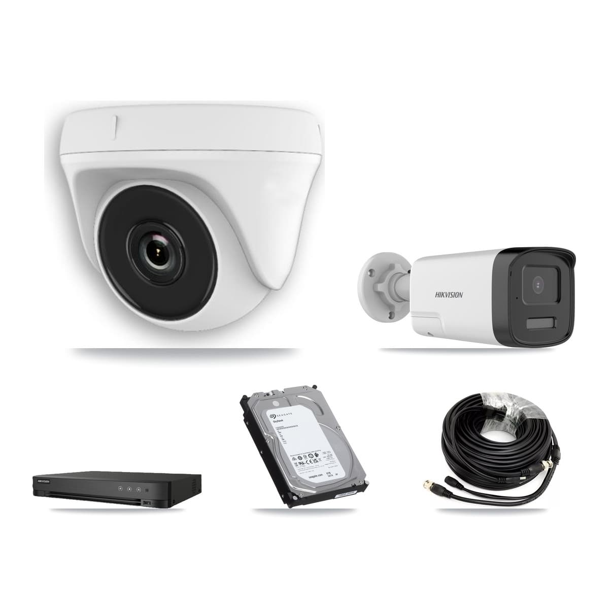 Hikvision 8-Channel 2MP – 5MP CCTV Kit — 1 DS-2CE17K0T-LXTS 5MP Bullet + 3 White HDT-2MP-N20W-2.8MM 2MP Dome Cameras + 6TB Recording (IDS-7208HUHI-M1/E Recorder) - Image 1