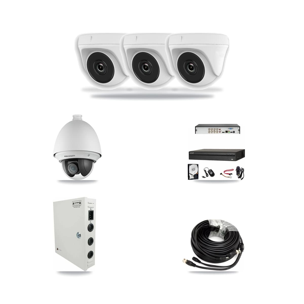 Hikvision & Dahua 8-Channel 2MP CCTV Kit — 1 DS-2AE4225T PTZ + 3 White HDT-2MP-N20W Dome Cameras + 3TB Recording - Image 1