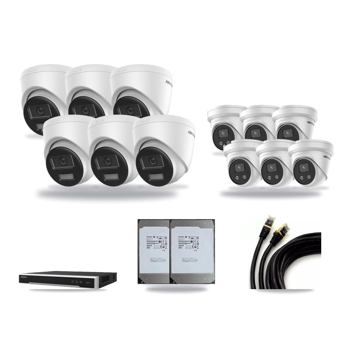 Hikvision 16-Channel 5MP – 4K CCTV Kit — 6 DS-2CD1383G2-LIU 4K + 6 DS-2CD3356G2-ISU 5MP Turret Cameras + 2× 14TB Recording (DS-7616NI-M2/16P Recorder) - Image 1