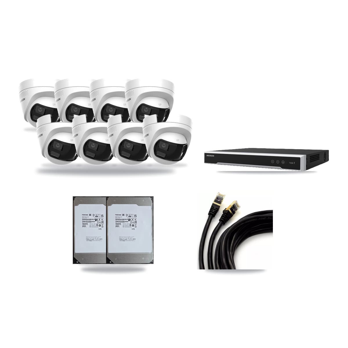Hikvision 16-Channel 4K CCTV Kit — 8 DS-2CD1383G2P Turret Cameras + 2× 14TB Recording (DS-7616NI-M2 Recorder) - Image 1