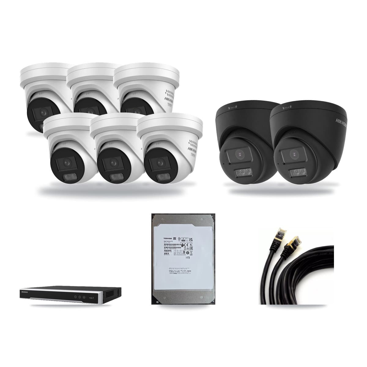 Hikvision 16-Channel 4MP – 4K CCTV Kit — 2 Black 4K + 6 4MP Turret Cameras + 14TB Recording (DS-7616NI-M2 Recorder) - Image 1