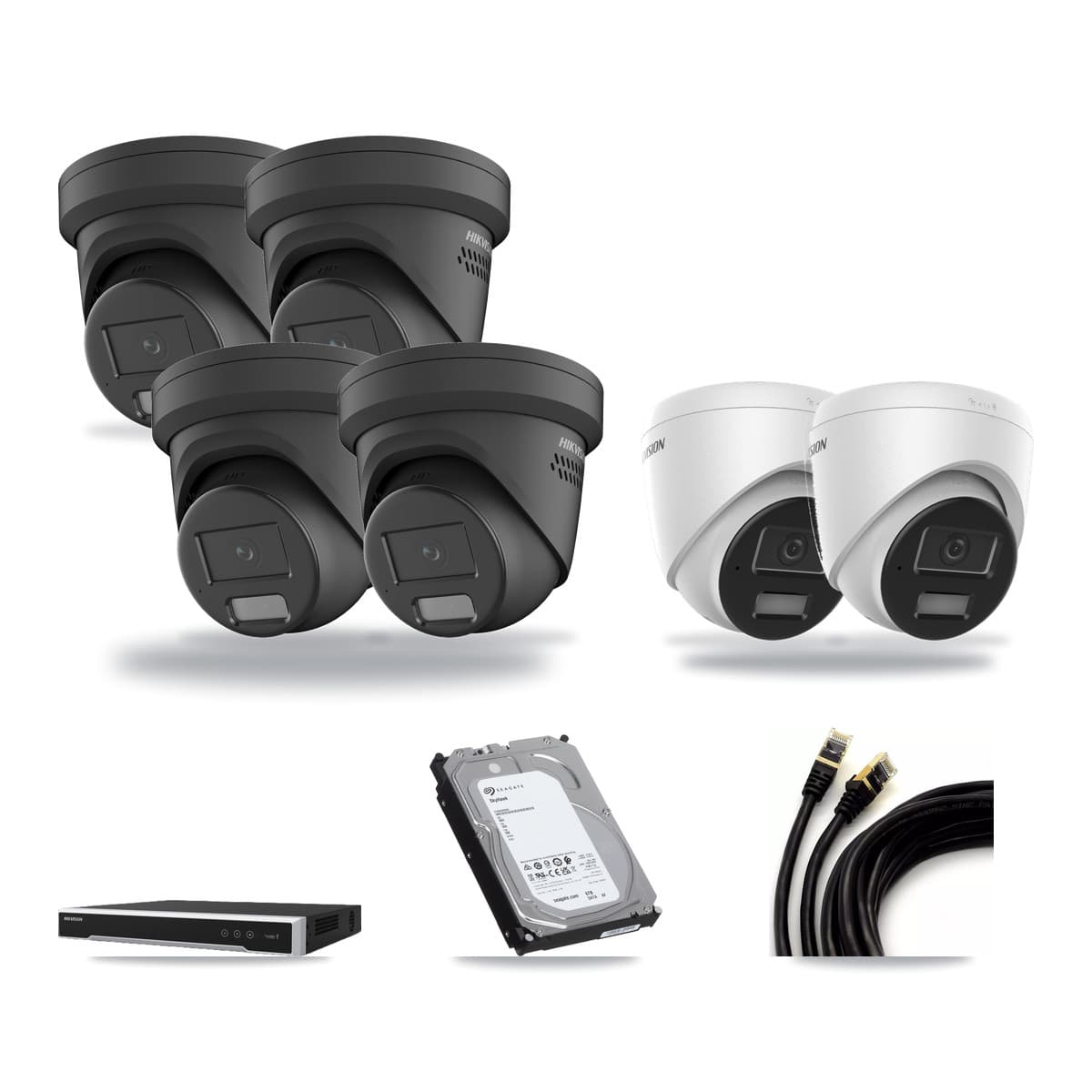 Hikvision 8-Channel 4MP CCTV Kit — 2 DS-2CD1343G2 + 4 Black DS-2CD2347G2 Turret Cameras + 6TB Recording (DS-7608NI-M2 Recorder) - Image 1