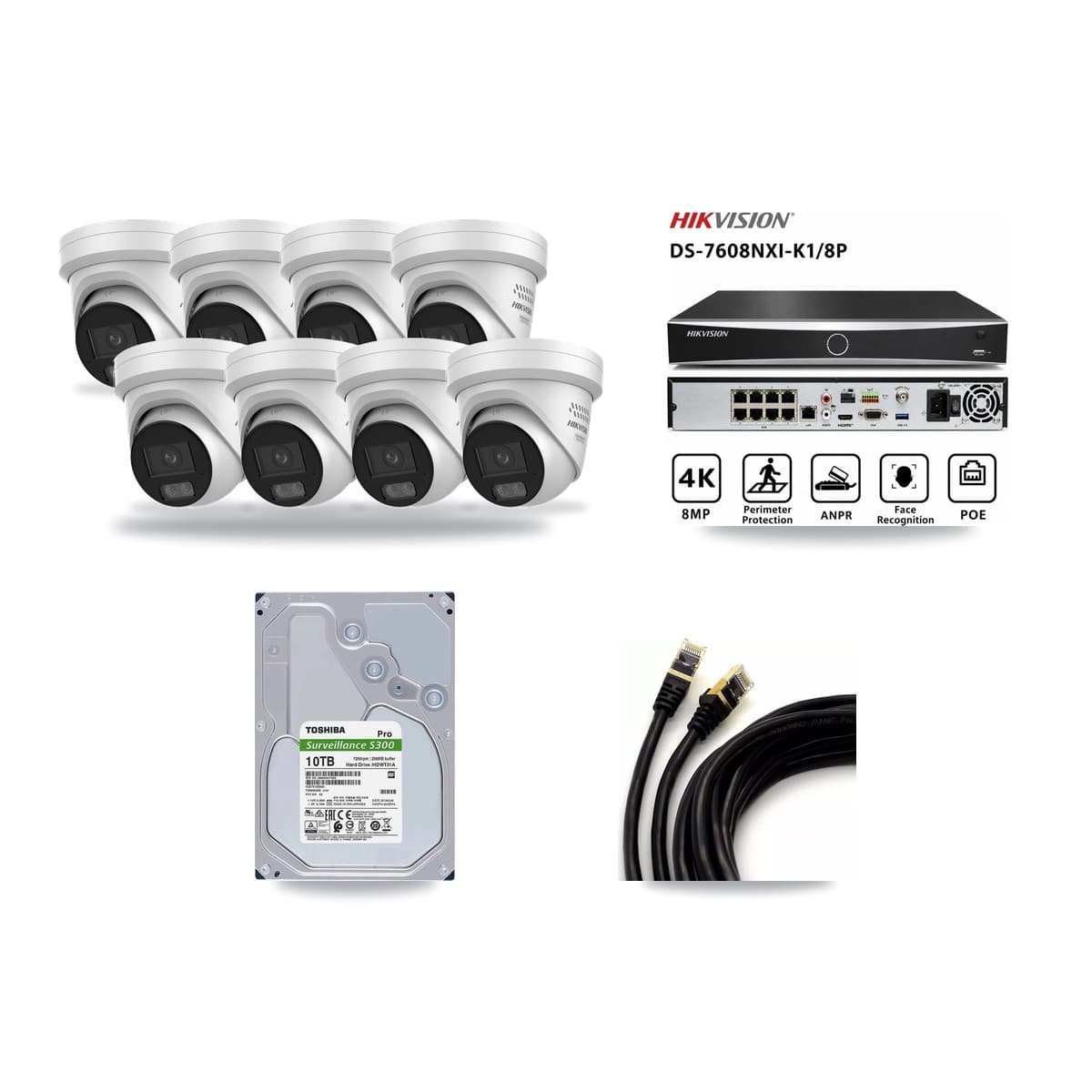 Hikvision 8-Channel 4MP CCTV Kit — 8 DS-2CD2347G3 Turret Cameras + 10TB Recording (DS-7608NXI Recorder) - Image 1